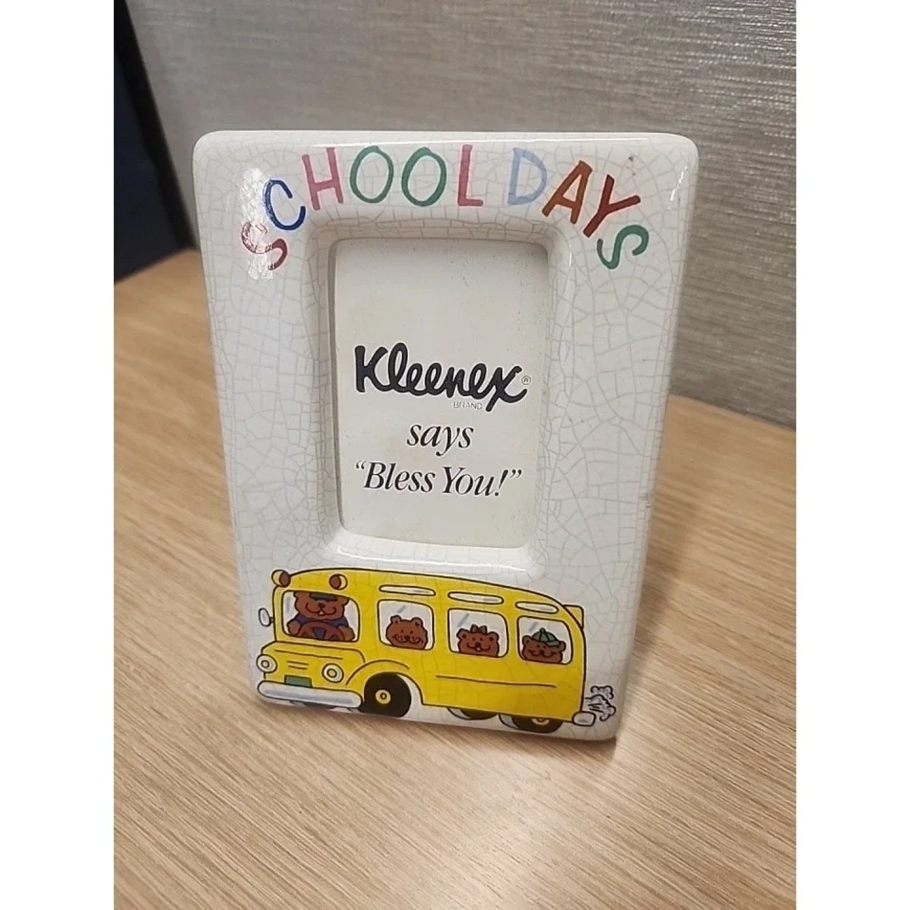 Vintage Russ‎ Berrie And Co. 3.5 X 3.5 SCHOOL DAYS Ceramic Photo Frame Bears Bus